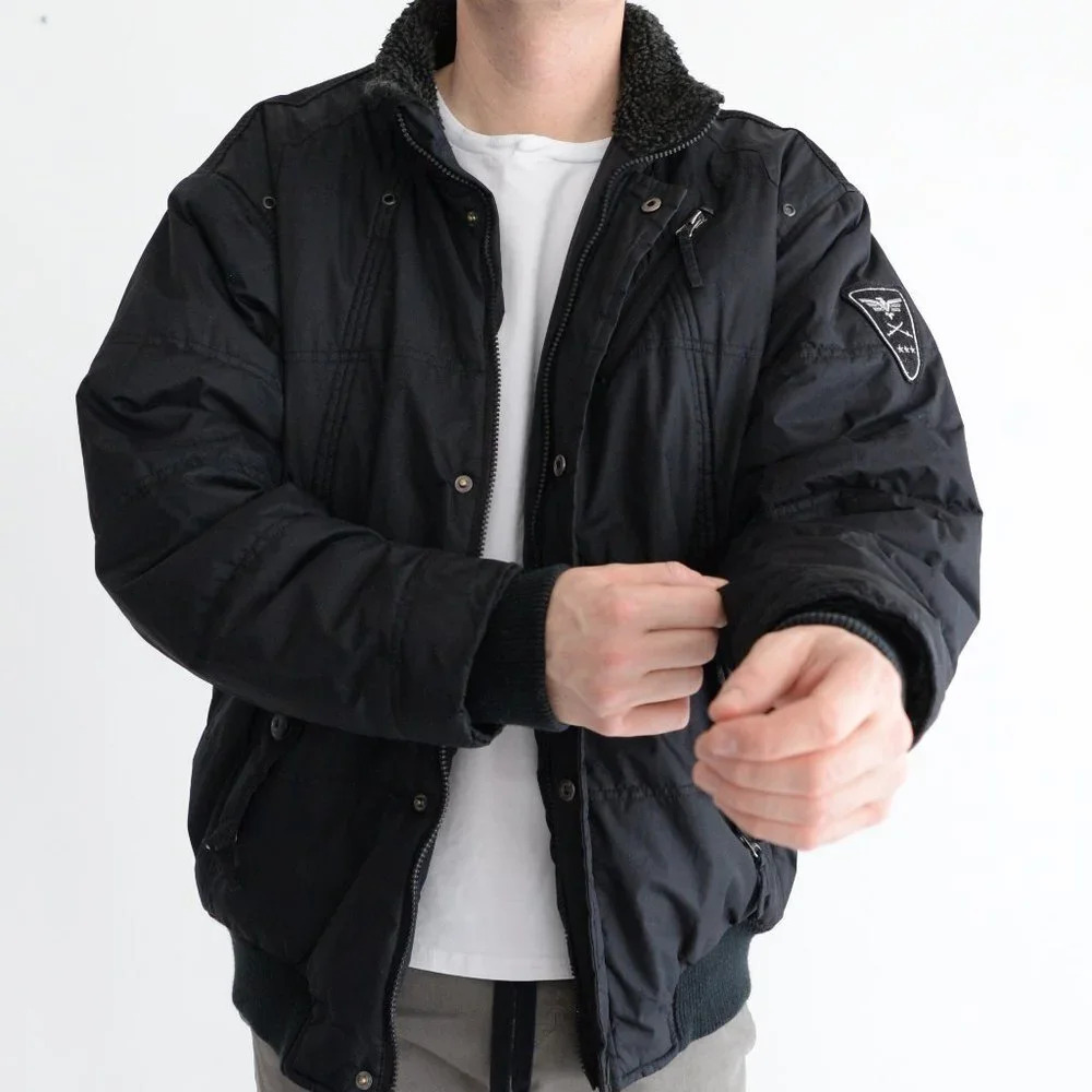 Vintage Route 66 Black Zip Up Bomber Winter Coat Size Large